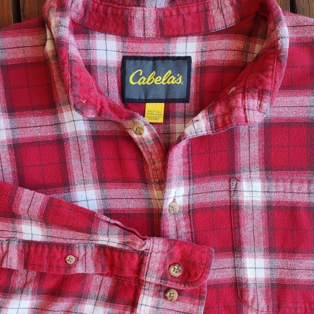 Cabelas Men's 2XL-Tall Red Plaid Flannel Shirt Button Up Long Sleeves